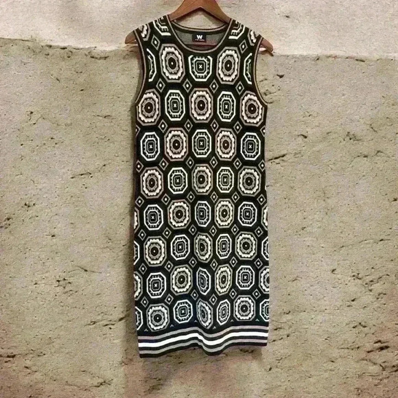 W By Worth 100% Wool Geometric Print Sweater Dress Camel Ivory Black Brown Sz S - Picture 12 of 12